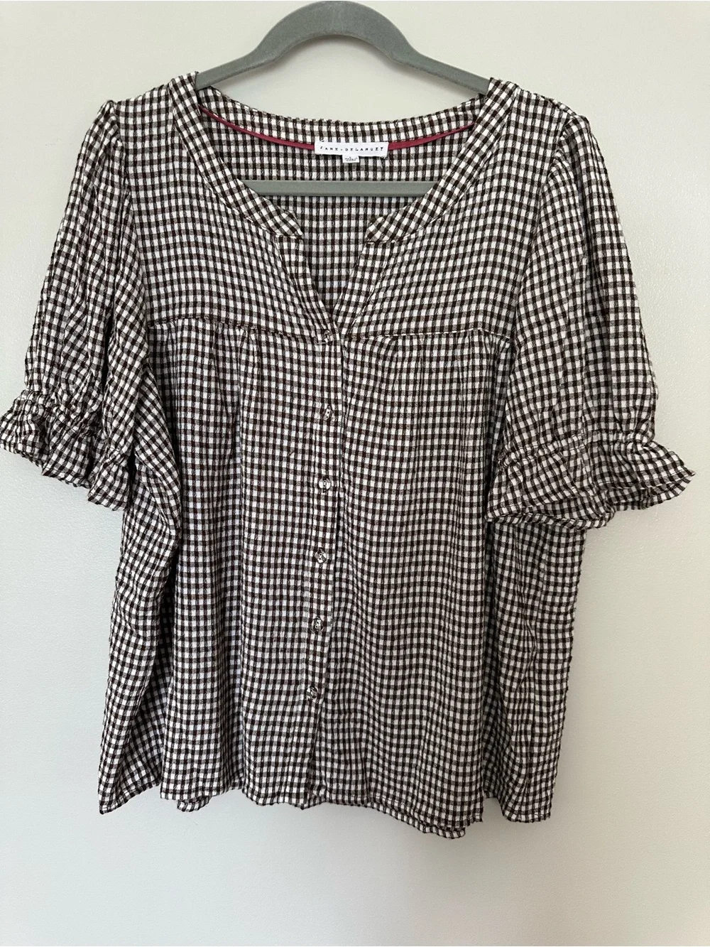 Jane and Delancey Brown and White Gingham Button-Down Top